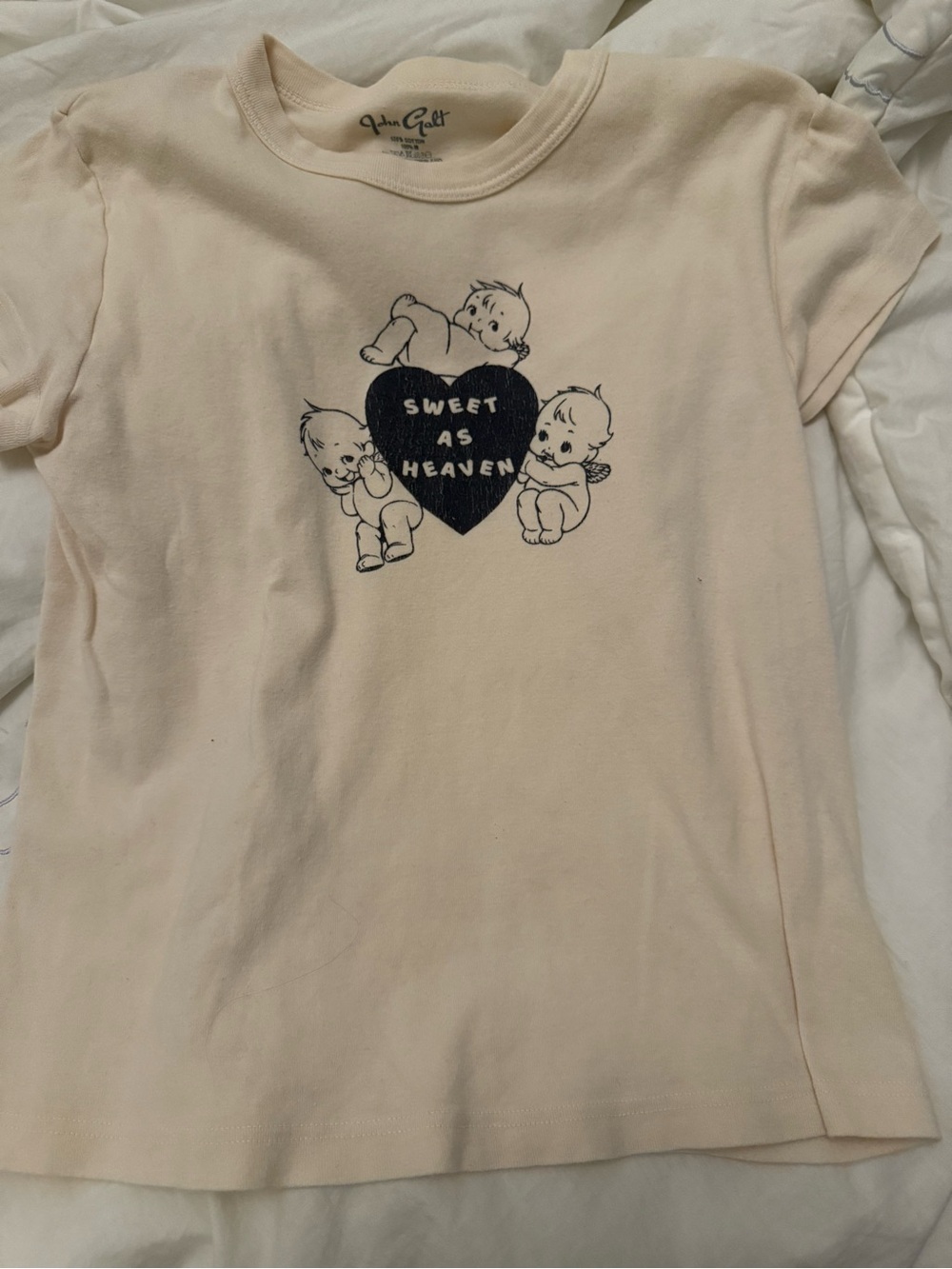 Brandy Melville Cream Tee with Navy Heart Graphic